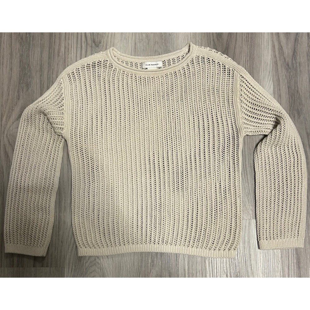 Club Monaco Beige Open Knit Crew Neck Long Sleeve Sweater XS oversized luxury‎